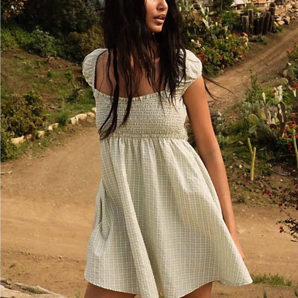 Free People Green Smocked Mini Dress with Puff Sleeves